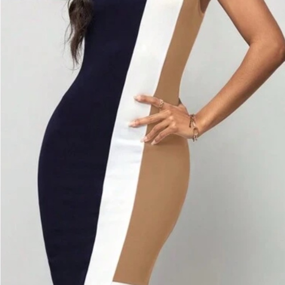 SHEIN One Shoulder Navy Blue, White, and Tan Dress